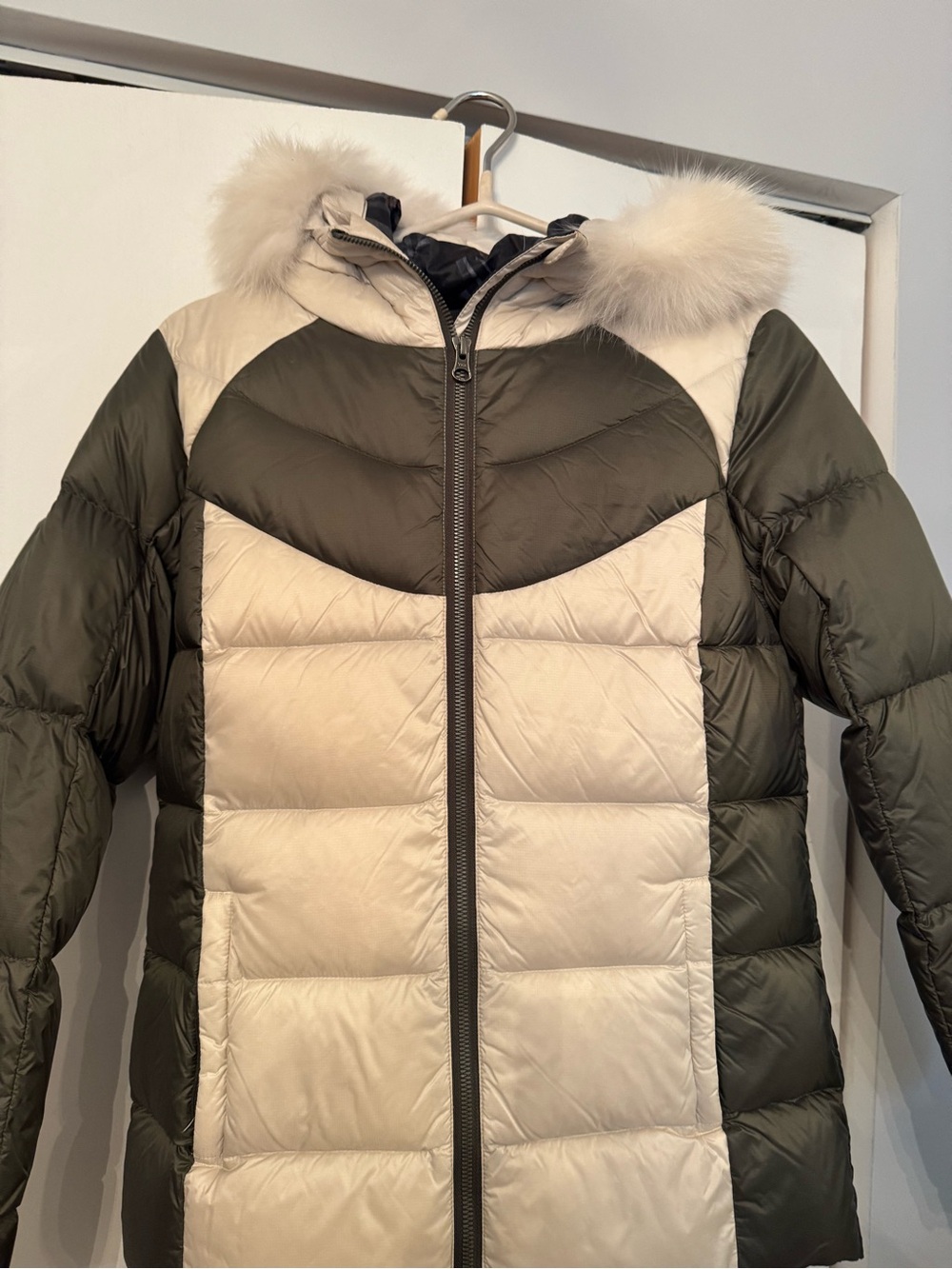 Two-Tone Cream & Olive Down Puffer Jacket with Faux-Fur Trim